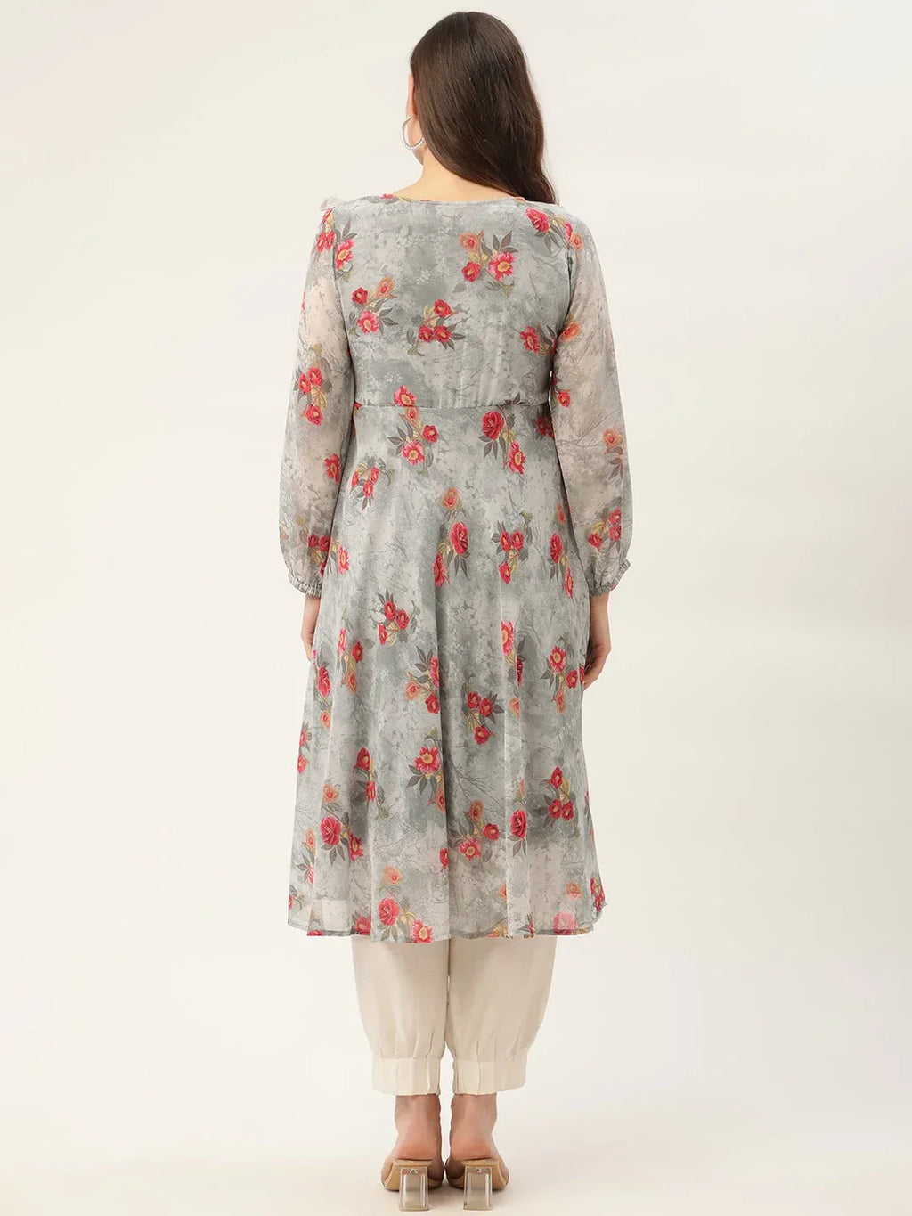 Jompers Women's Grey Georgette Flared Printed kurta | Grocsy