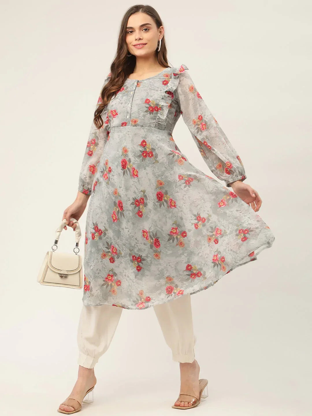 Jompers Women's Grey Georgette Flared Printed kurta | Grocsy