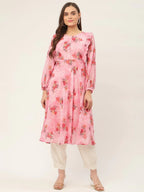 Jompers Women's Pink Georgette Flared Printed kurta | Grocsy
