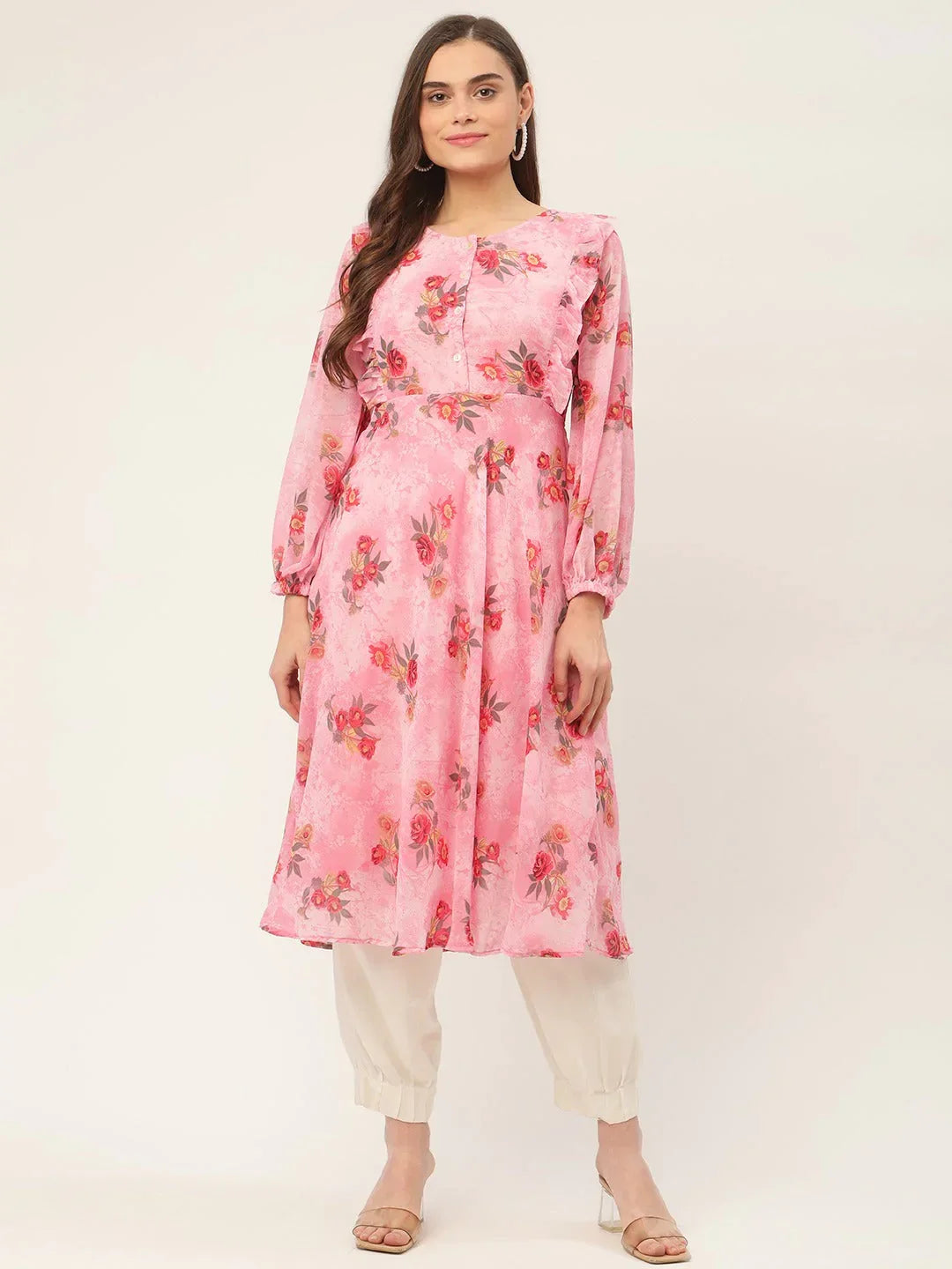 Jompers Women's Pink Georgette Flared Printed kurta | Grocsy