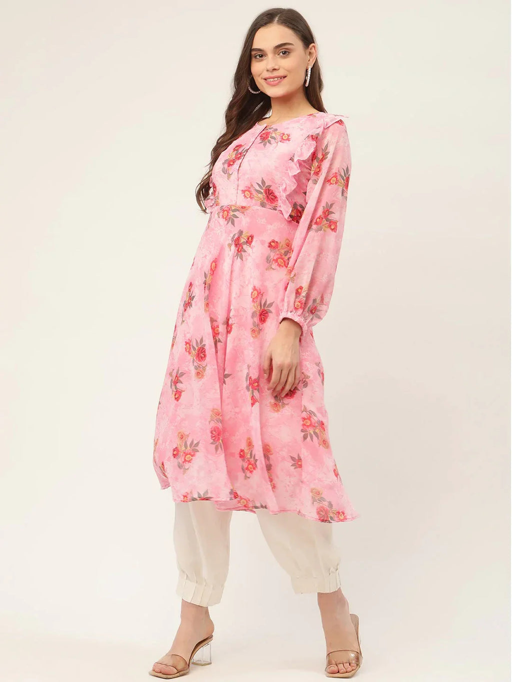 Jompers Women's Pink Georgette Flared Printed kurta | Grocsy