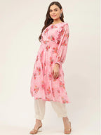 Jompers Women's Pink Georgette Flared Printed kurta | Grocsy