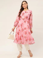 Jompers Women's Pink Georgette Flared Printed kurta | Grocsy