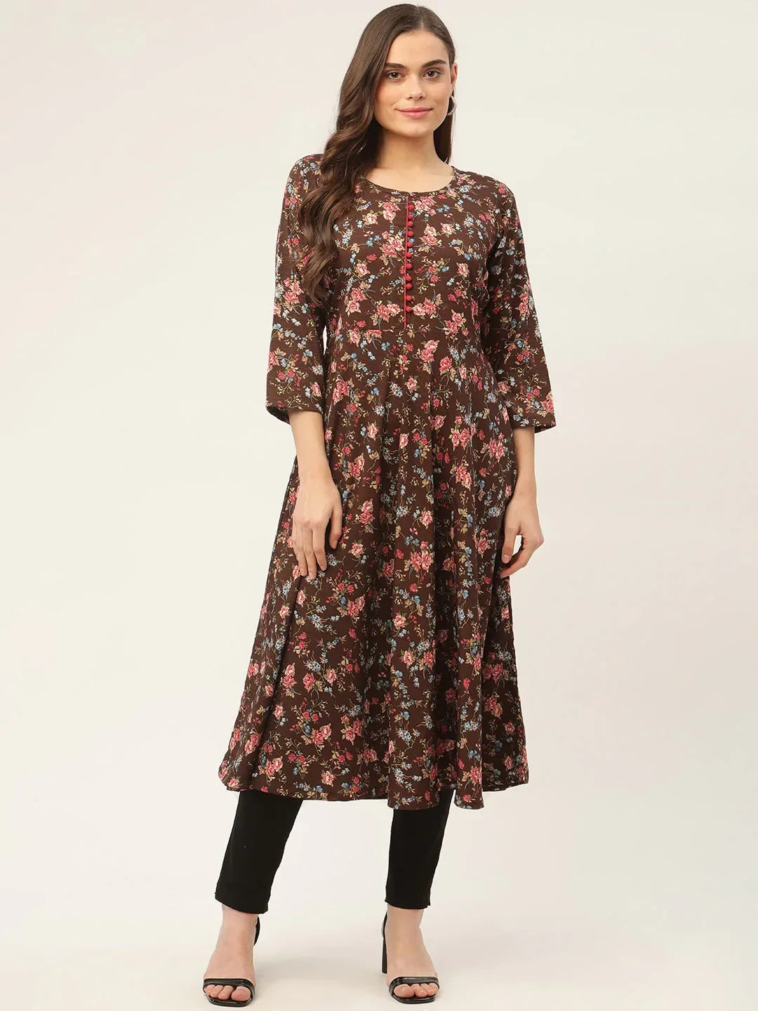 Jompers Women's Brown Flared Printed kurta | Grocsy