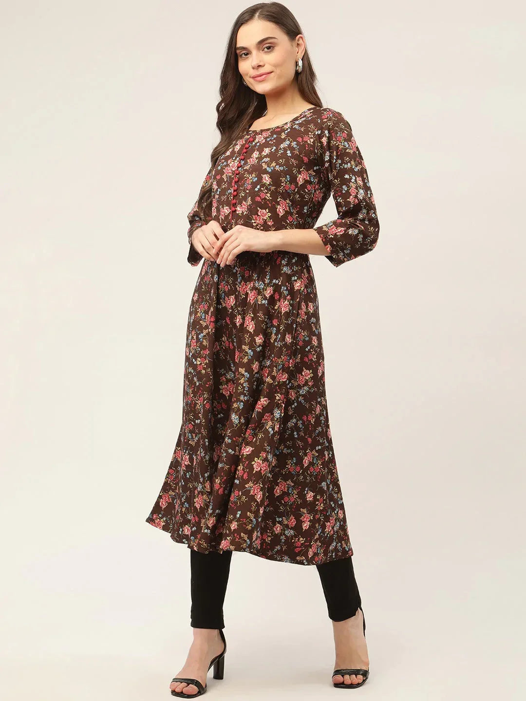 Jompers Women's Brown Flared Printed kurta | Grocsy