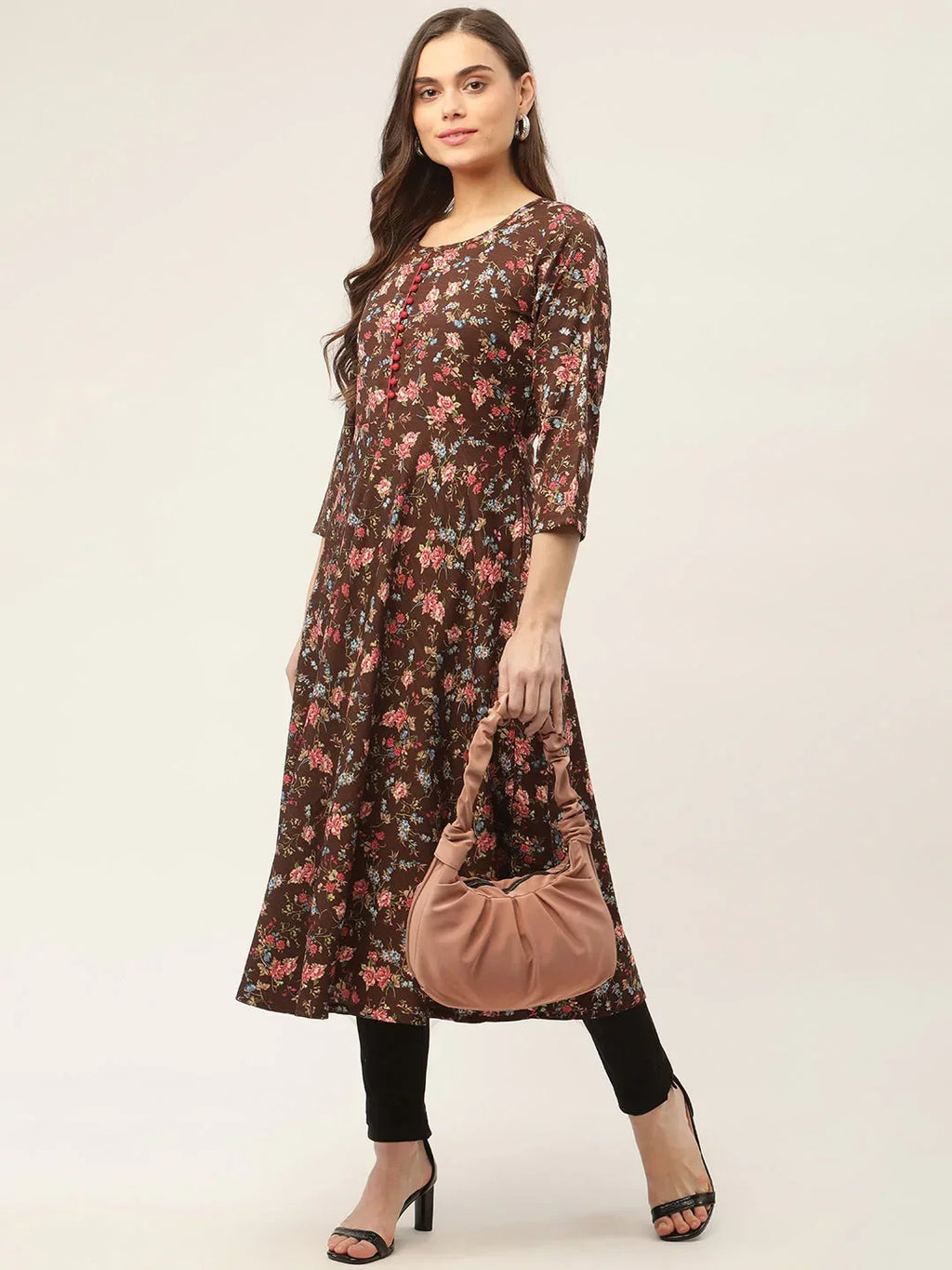 Jompers Women's Brown Flared Printed kurta | Grocsy