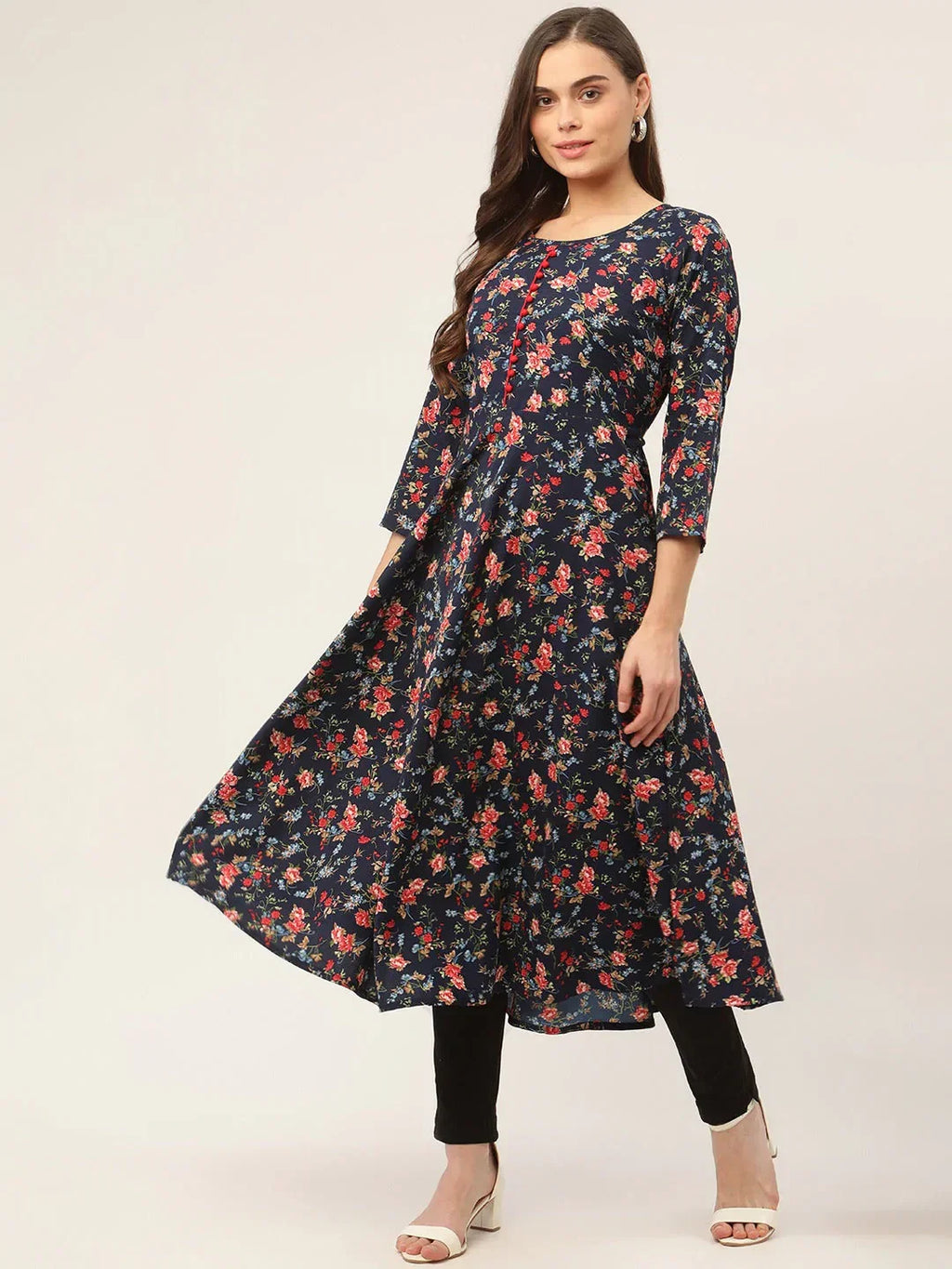 Jompers Women's Navy Blue Flared Printed kurta | Grocsy