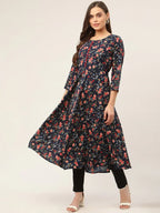 Jompers Women's Navy Blue Flared Printed kurta | Grocsy