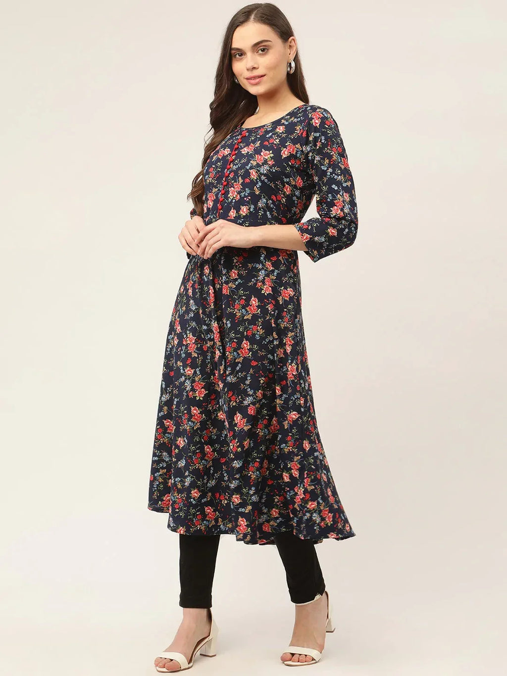 Jompers Women's Navy Blue Flared Printed kurta | Grocsy
