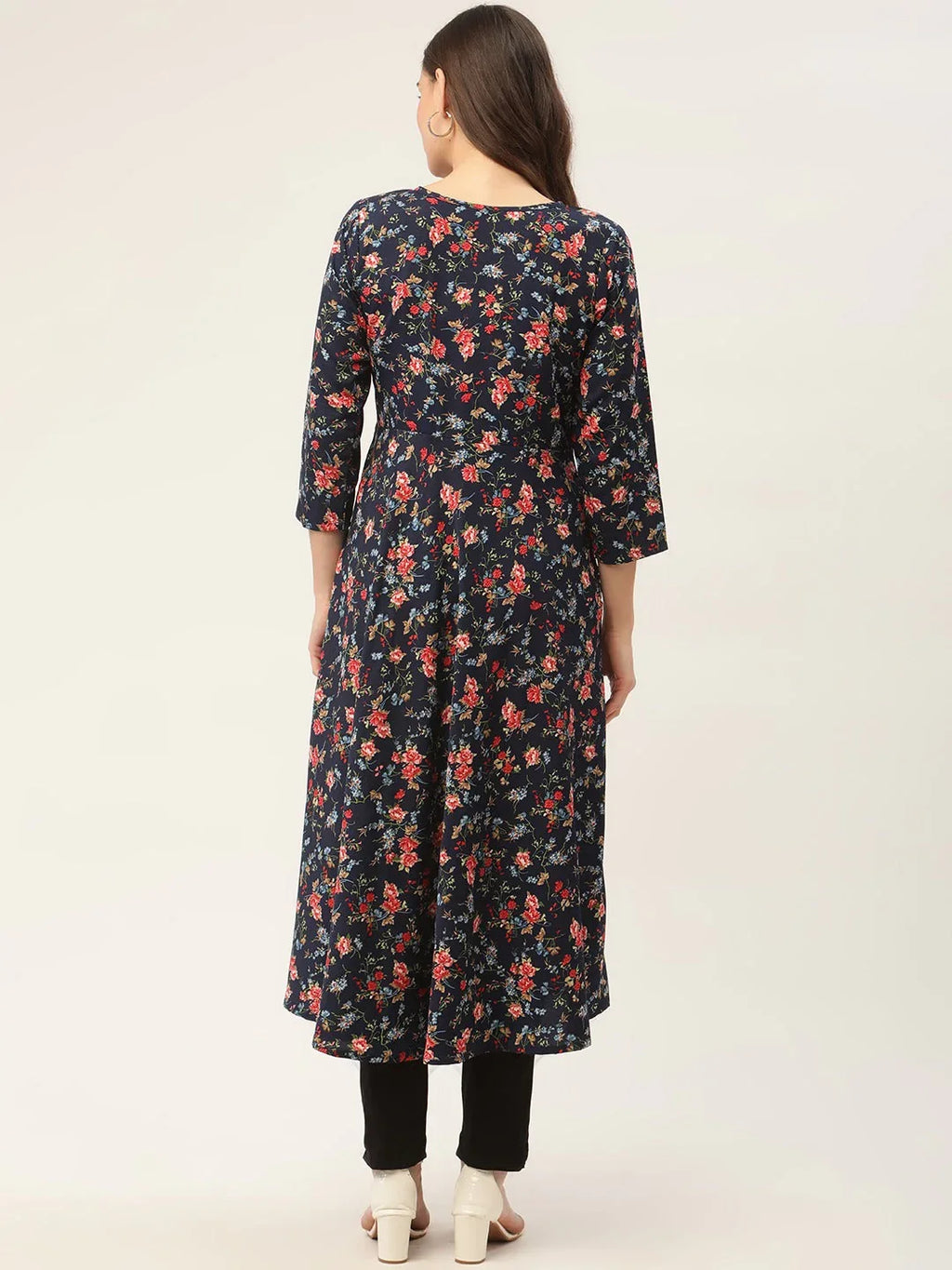 Jompers Women's Navy Blue Flared Printed kurta | Grocsy