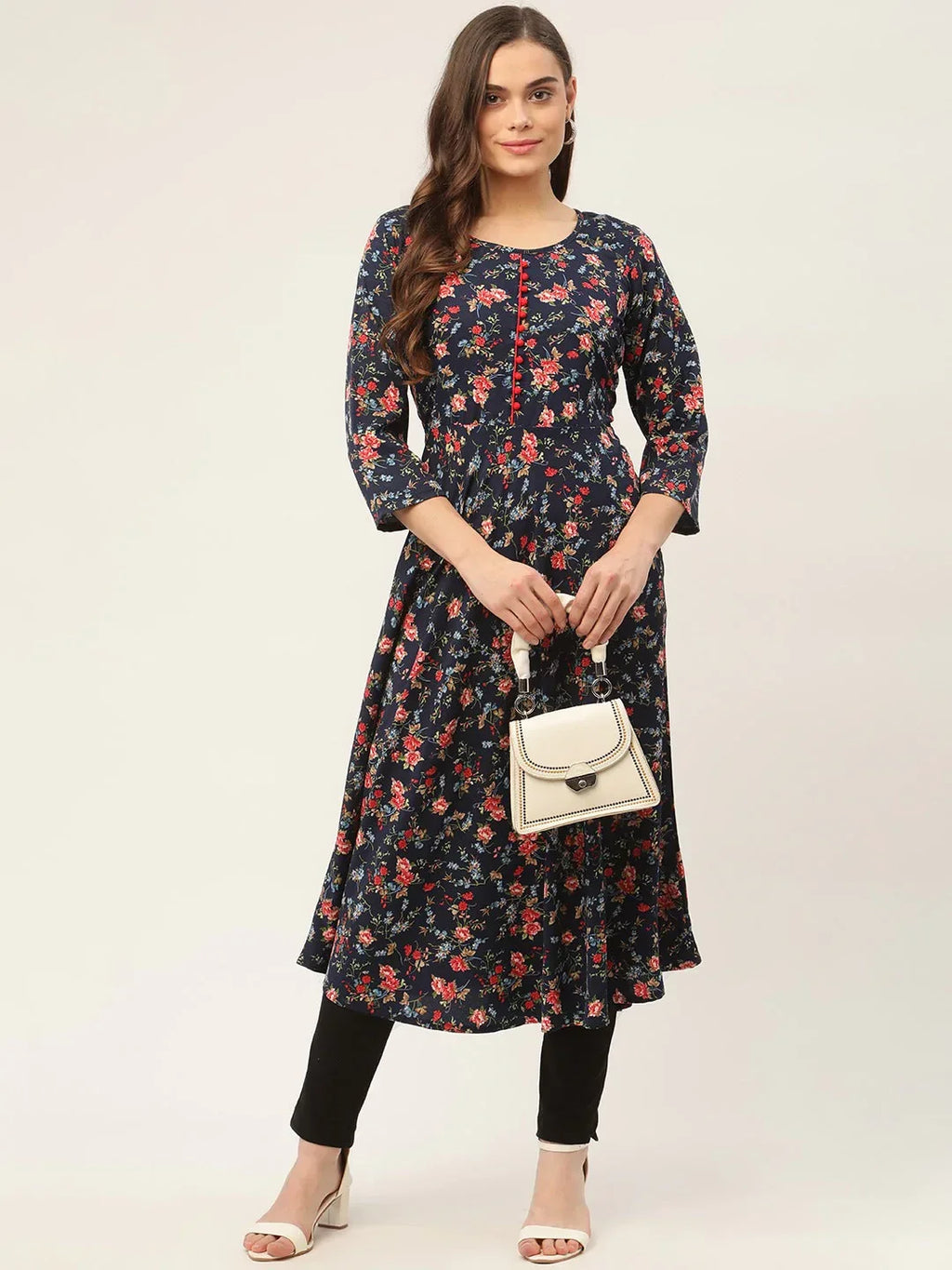 Jompers Women's Navy Blue Flared Printed kurta | Grocsy