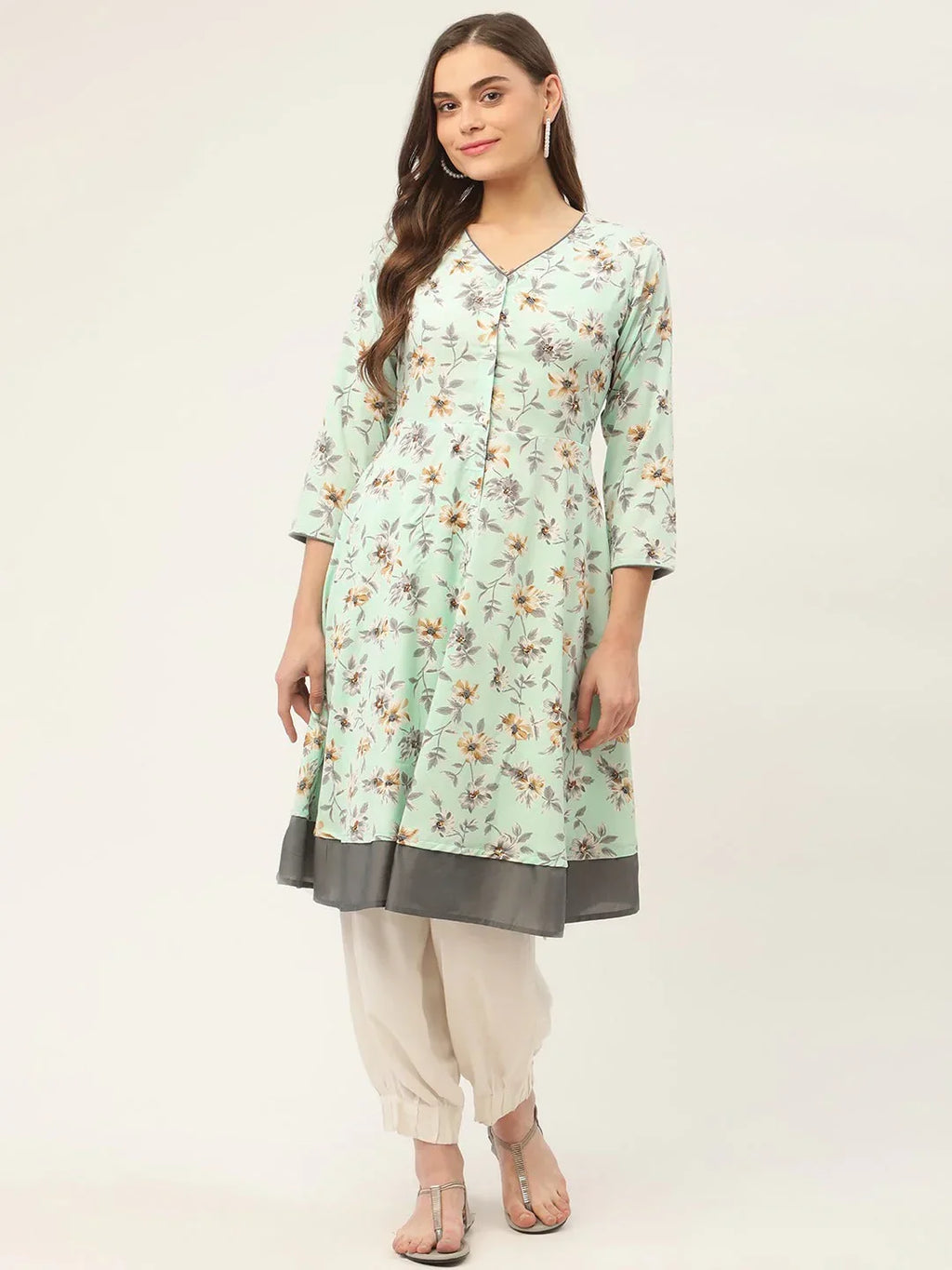 Jompers Women's Sky Blue and White Flared Printed kurta | Grocsy