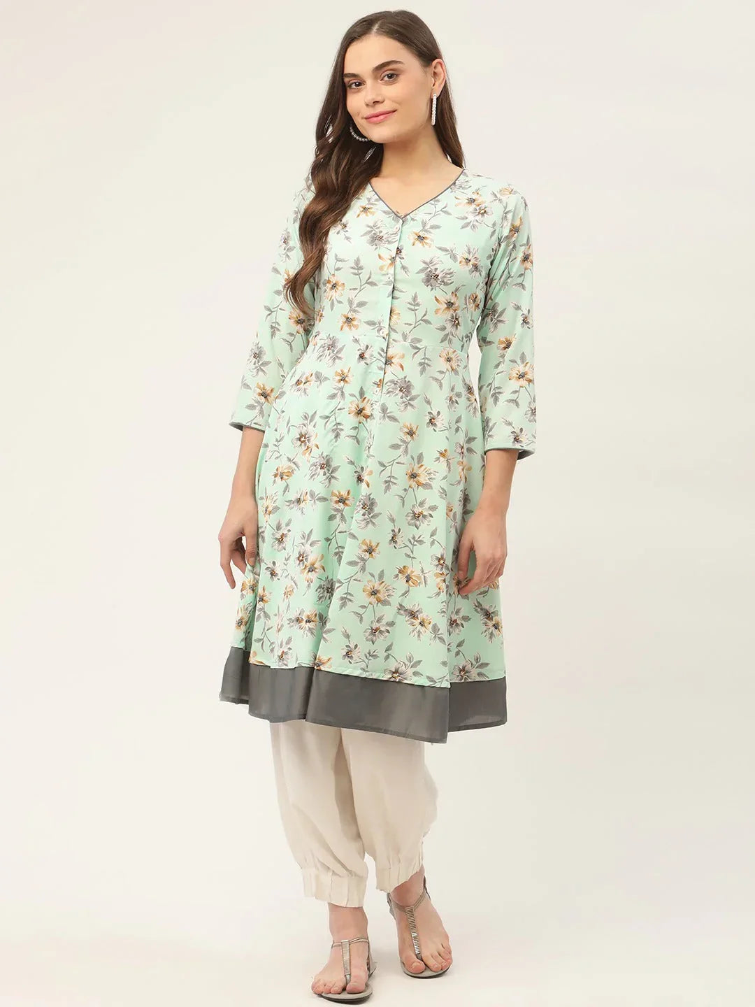 Jompers Women's Sky Blue and White Flared Printed kurta | Grocsy