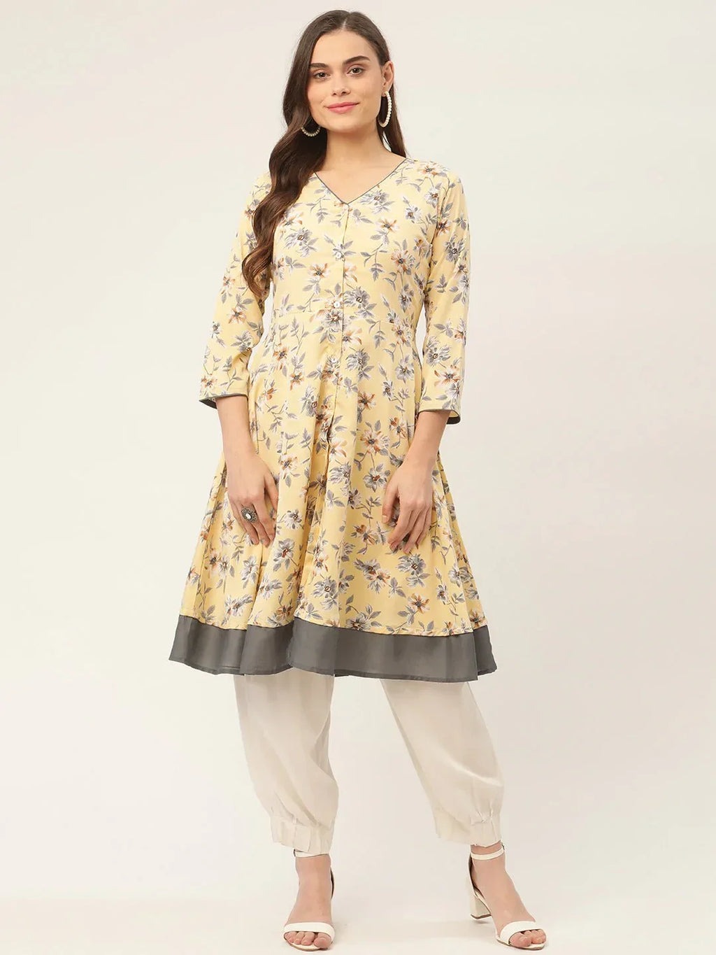 Jompers Women's Yellow and White Flared Printed kurta | Grocsy