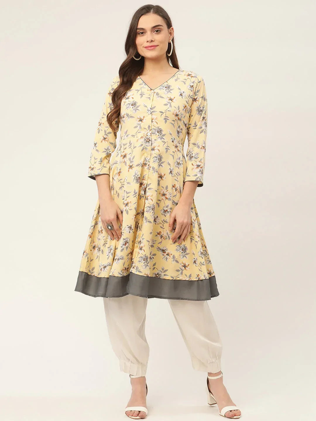 Jompers Women's Yellow and White Flared Printed kurta | Grocsy