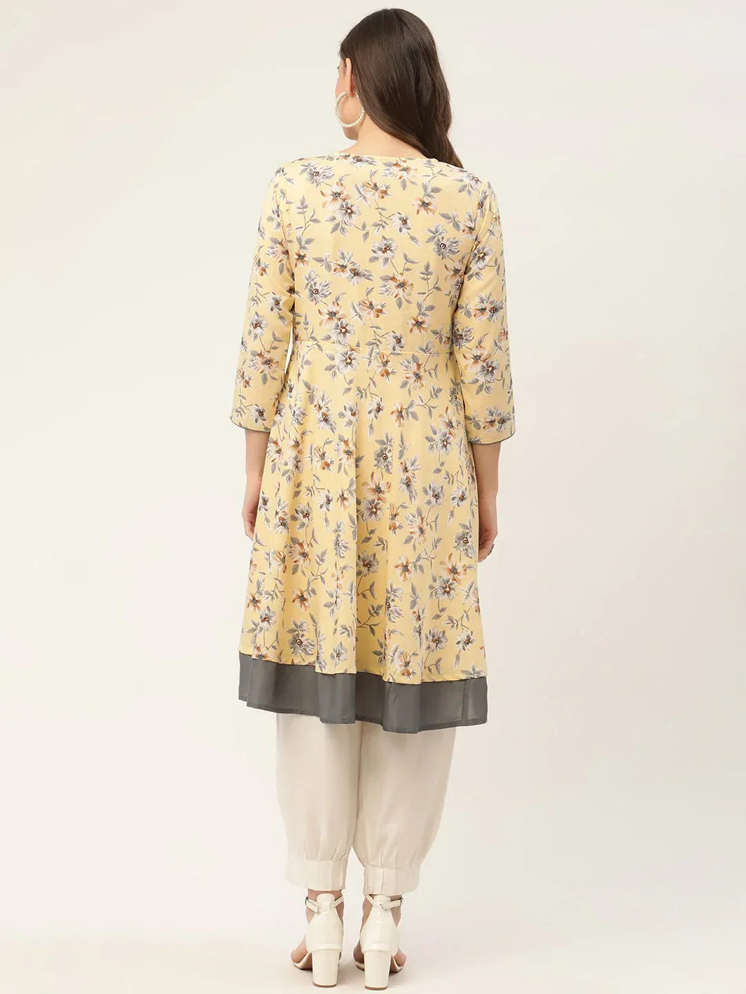 Jompers Women's Yellow and White Flared Printed kurta | Grocsy