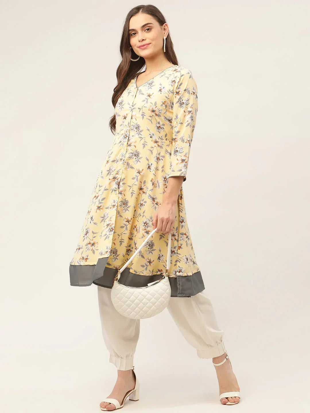 Jompers Women's Yellow and White Flared Printed kurta | Grocsy