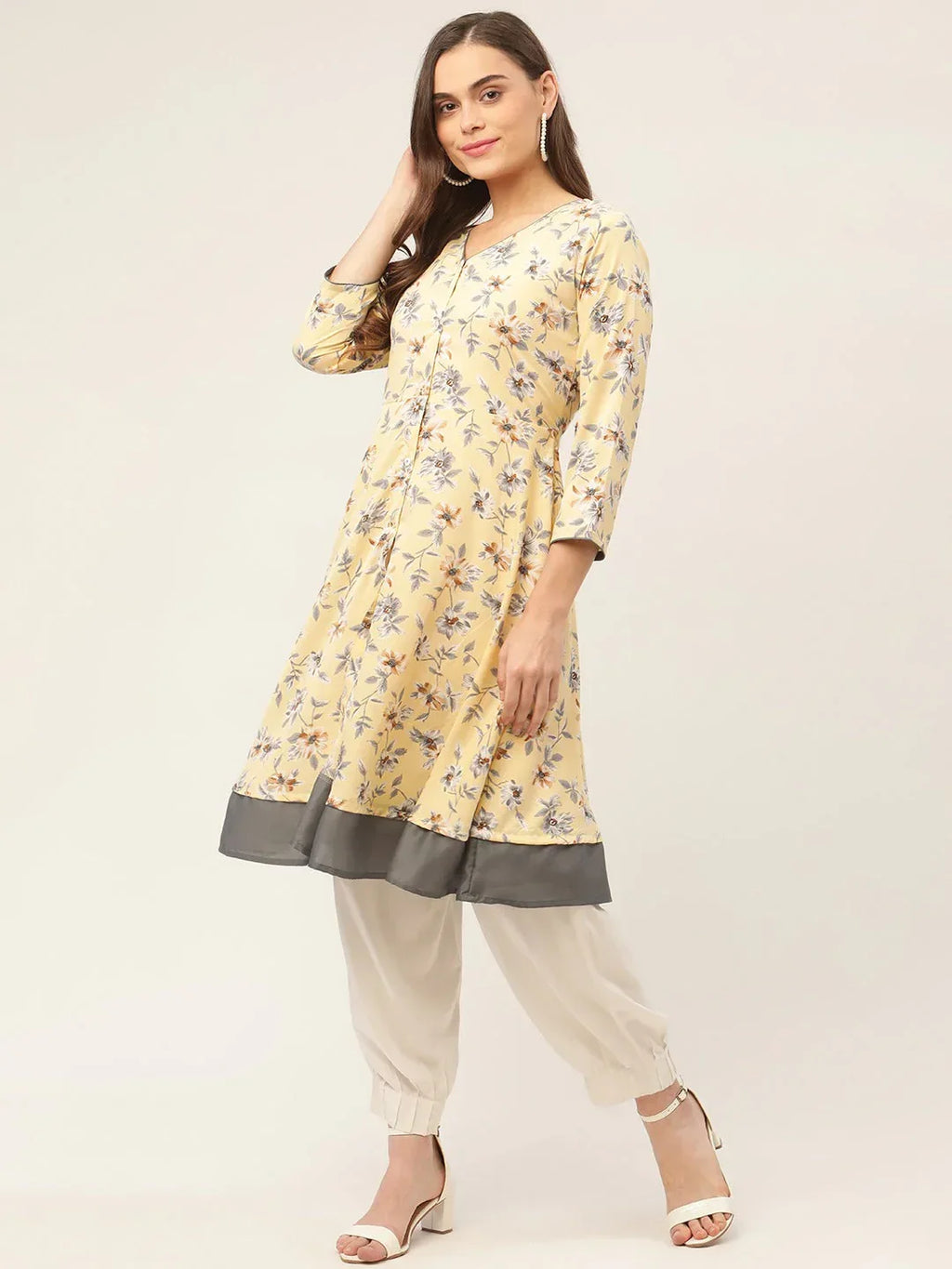 Jompers Women's Yellow and White Flared Printed kurta | Grocsy