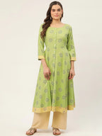 Jompers Women's Green Cotton Blend Flared Printed kurta | Grocsy