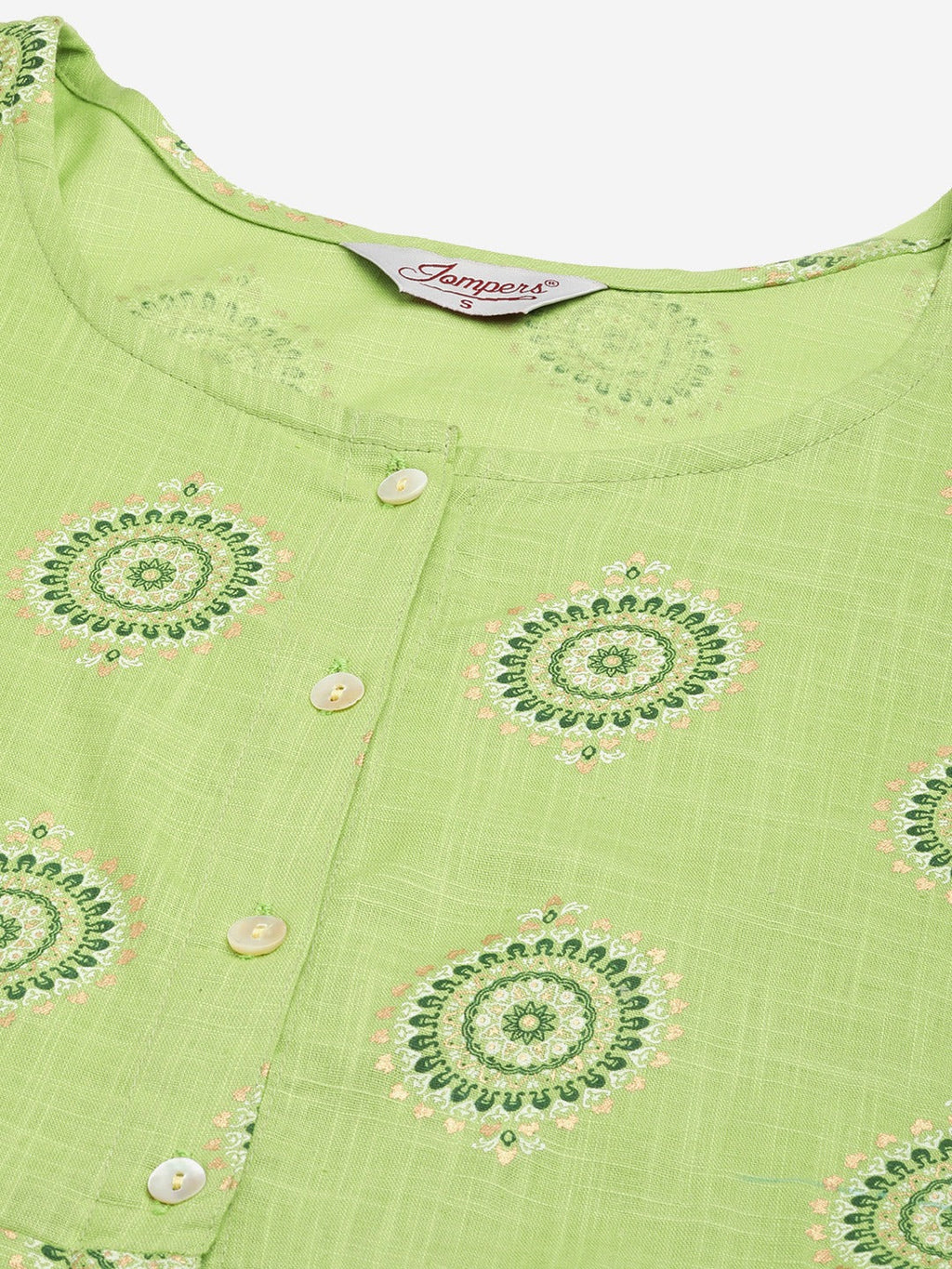 Jompers Women's Green Cotton Blend Flared Printed kurta | Grocsy