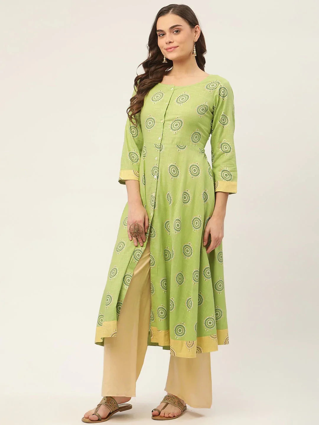 Jompers Women's Green Cotton Blend Flared Printed kurta | Grocsy