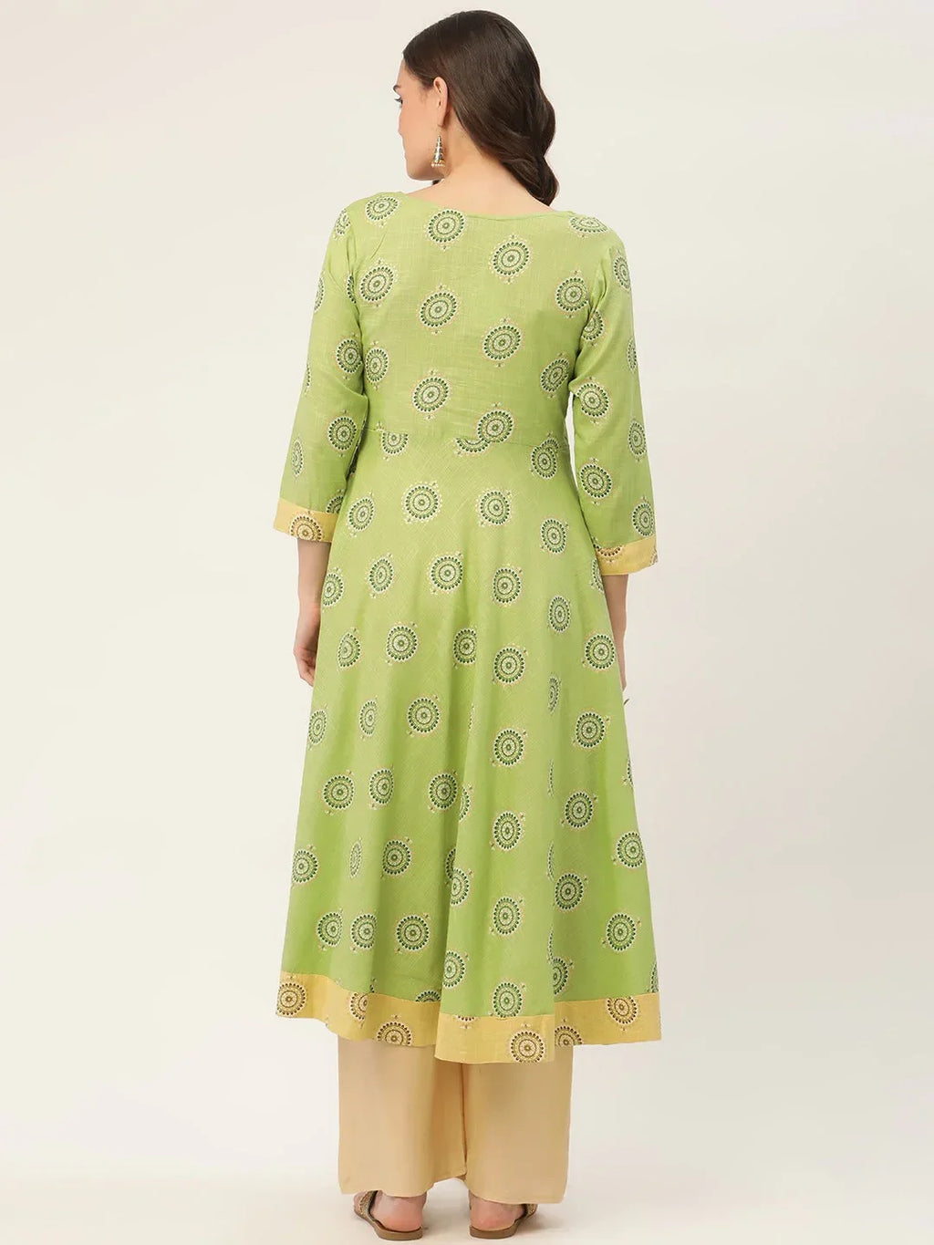 Jompers Women's Green Cotton Blend Flared Printed kurta | Grocsy