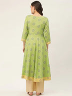Jompers Women's Green Cotton Blend Flared Printed kurta | Grocsy