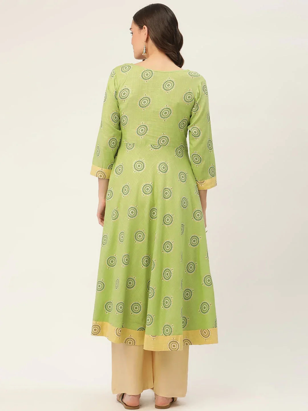 Jompers Women's Green Cotton Blend Flared Printed kurta | Grocsy