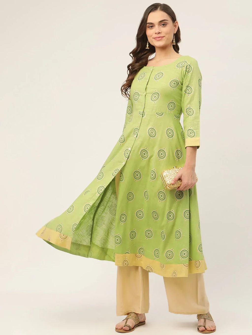 Jompers Women's Green Cotton Blend Flared Printed kurta | Grocsy
