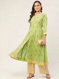 Jompers Women's Green Cotton Blend Flared Printed kurta | Grocsy