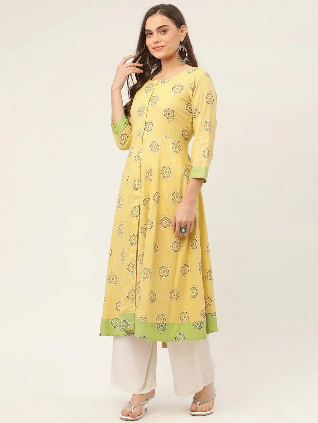 Jompers Women's Pista Green Cotton Blend Flared Printed kurta | Grocsy