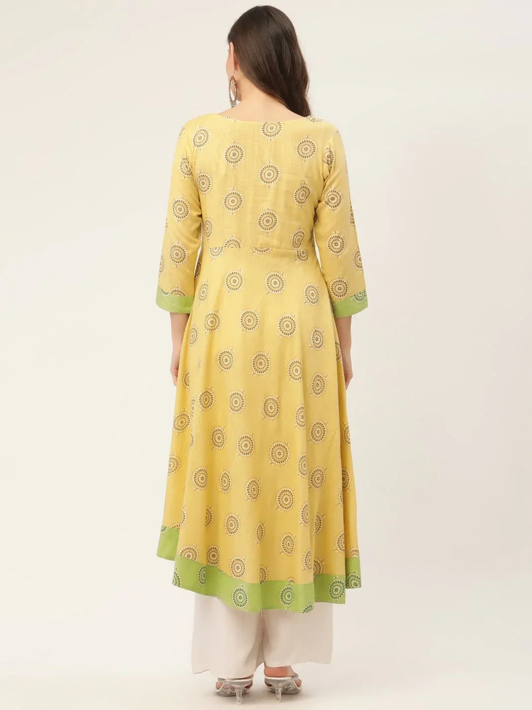 Jompers Women's Pista Green Cotton Blend Flared Printed kurta | Grocsy