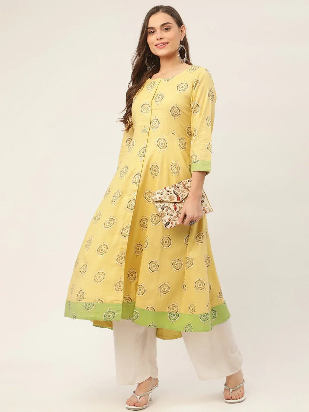 Jompers Women's Pista Green Cotton Blend Flared Printed kurta | Grocsy