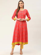Jompers Women's Red and Yellow Cotton Blend Flared Printed kurta | Grocsy
