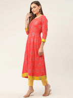 Jompers Women's Red and Yellow Cotton Blend Flared Printed kurta | Grocsy