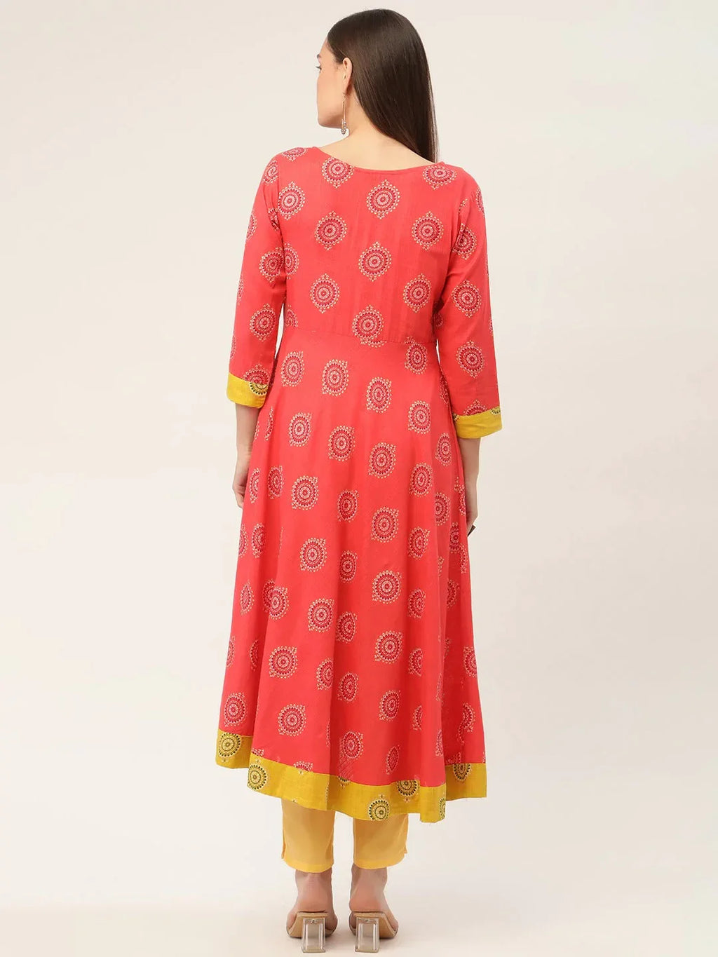 Jompers Women's Red and Yellow Cotton Blend Flared Printed kurta | Grocsy