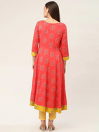 Jompers Women's Red and Yellow Cotton Blend Flared Printed kurta | Grocsy