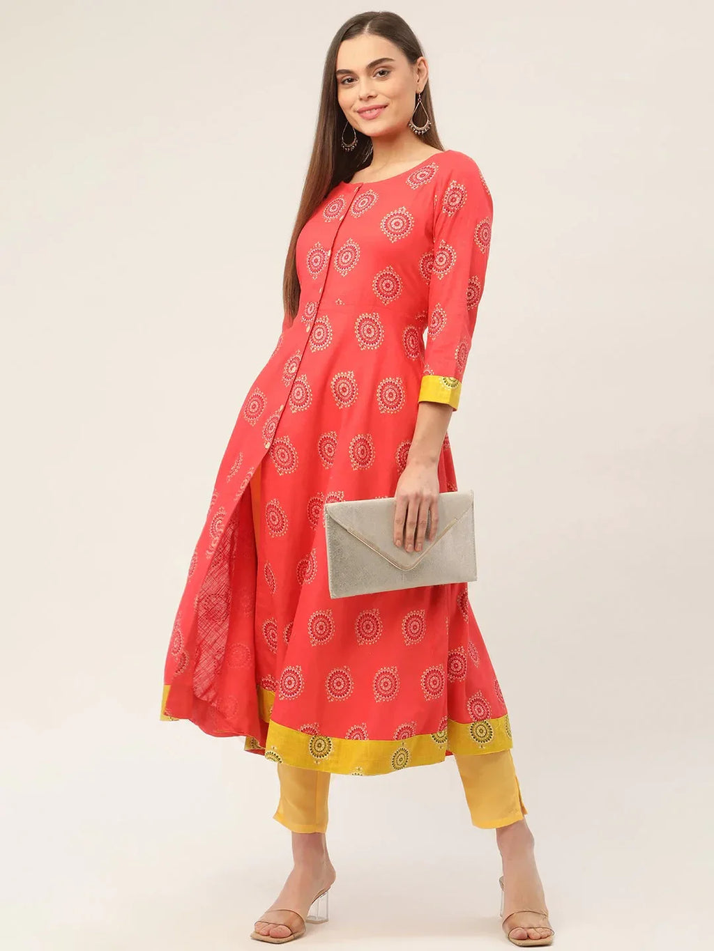 Jompers Women's Red and Yellow Cotton Blend Flared Printed kurta | Grocsy