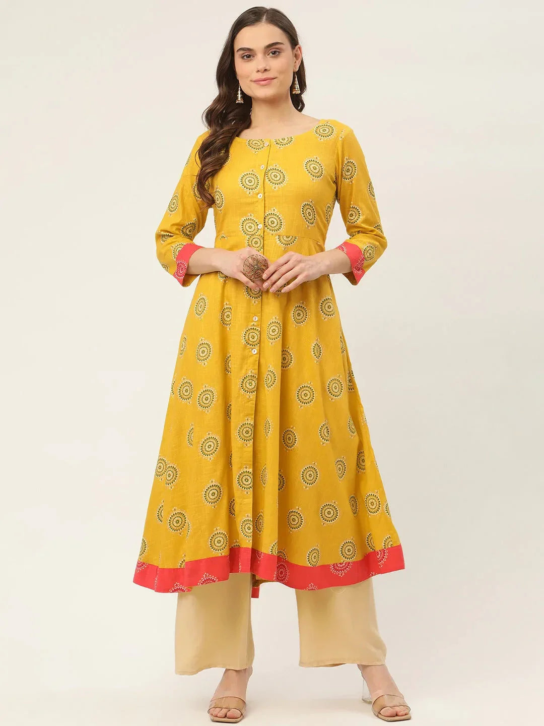 Jompers Women's Yellow and Red Cotton Blend Flared Printed kurta | Grocsy