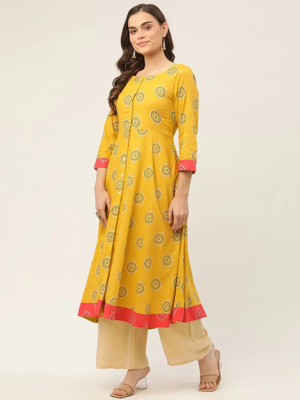 Jompers Women's Yellow and Red Cotton Blend Flared Printed kurta | Grocsy
