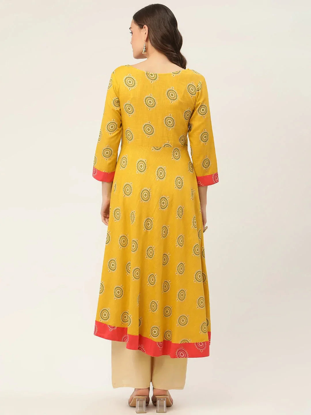 Jompers Women's Yellow and Red Cotton Blend Flared Printed kurta | Grocsy