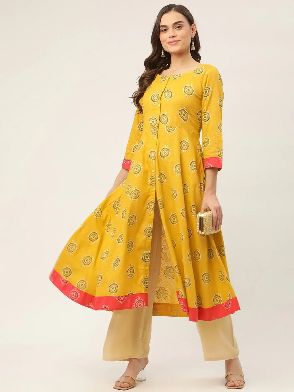 Jompers Women's Yellow and Red Cotton Blend Flared Printed kurta | Grocsy