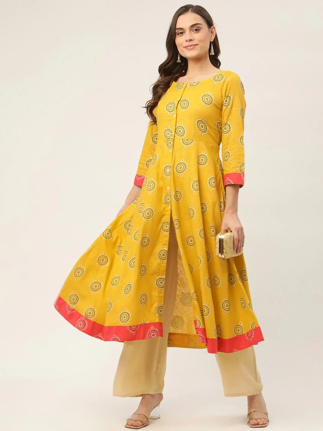 Jompers Women's Yellow and Red Cotton Blend Flared Printed kurta | Grocsy
