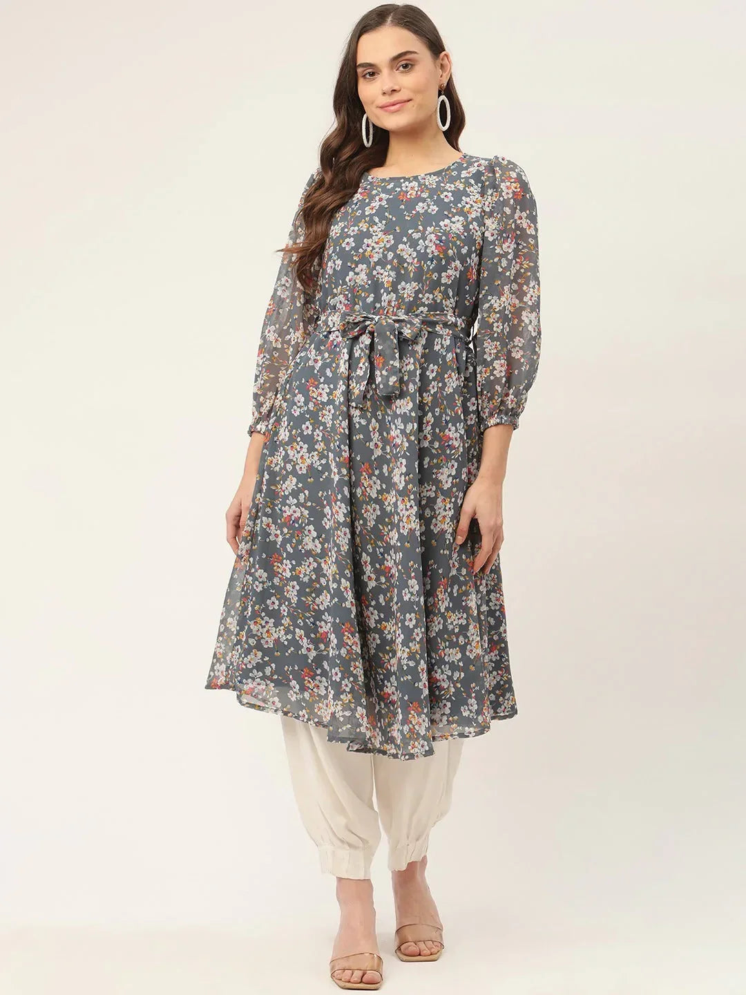 Jompers Women's Grey & White Georgette Floral Printed Kurta | Grocsy