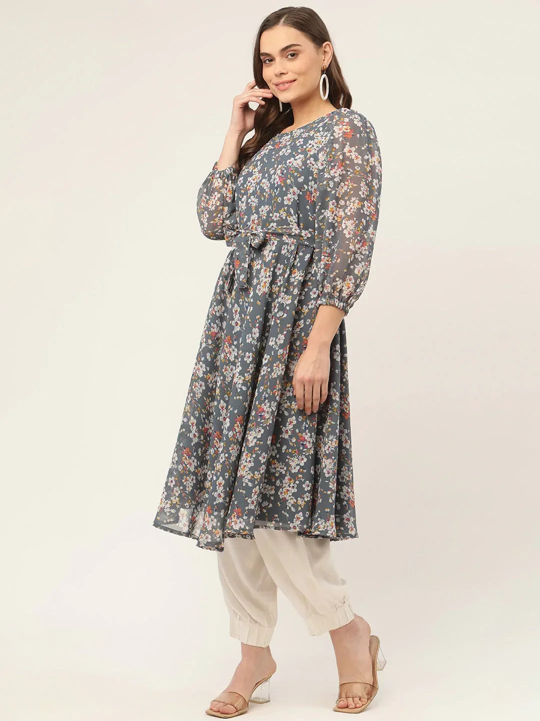 Jompers Women's Grey & White Georgette Floral Printed Kurta | Grocsy
