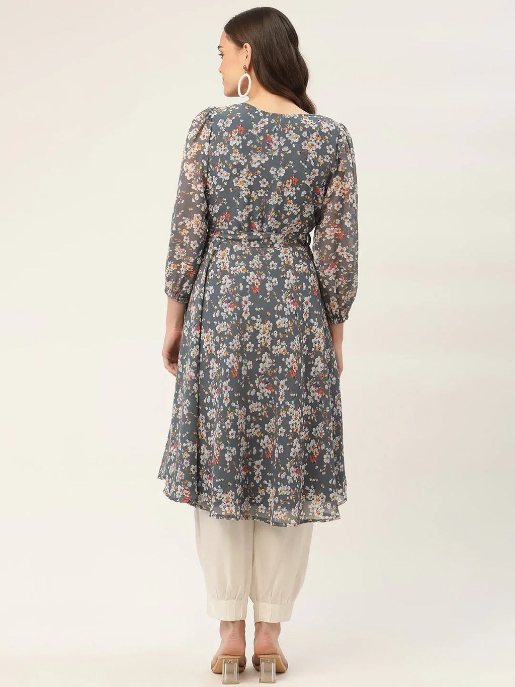 Jompers Women's Grey & White Georgette Floral Printed Kurta | Grocsy