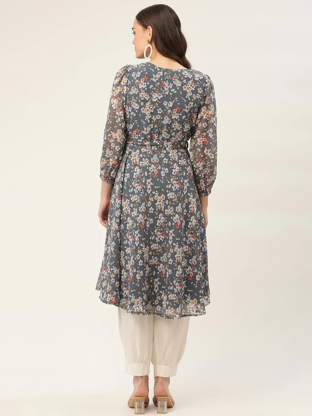 Jompers Women's Grey & White Georgette Floral Printed Kurta | Grocsy