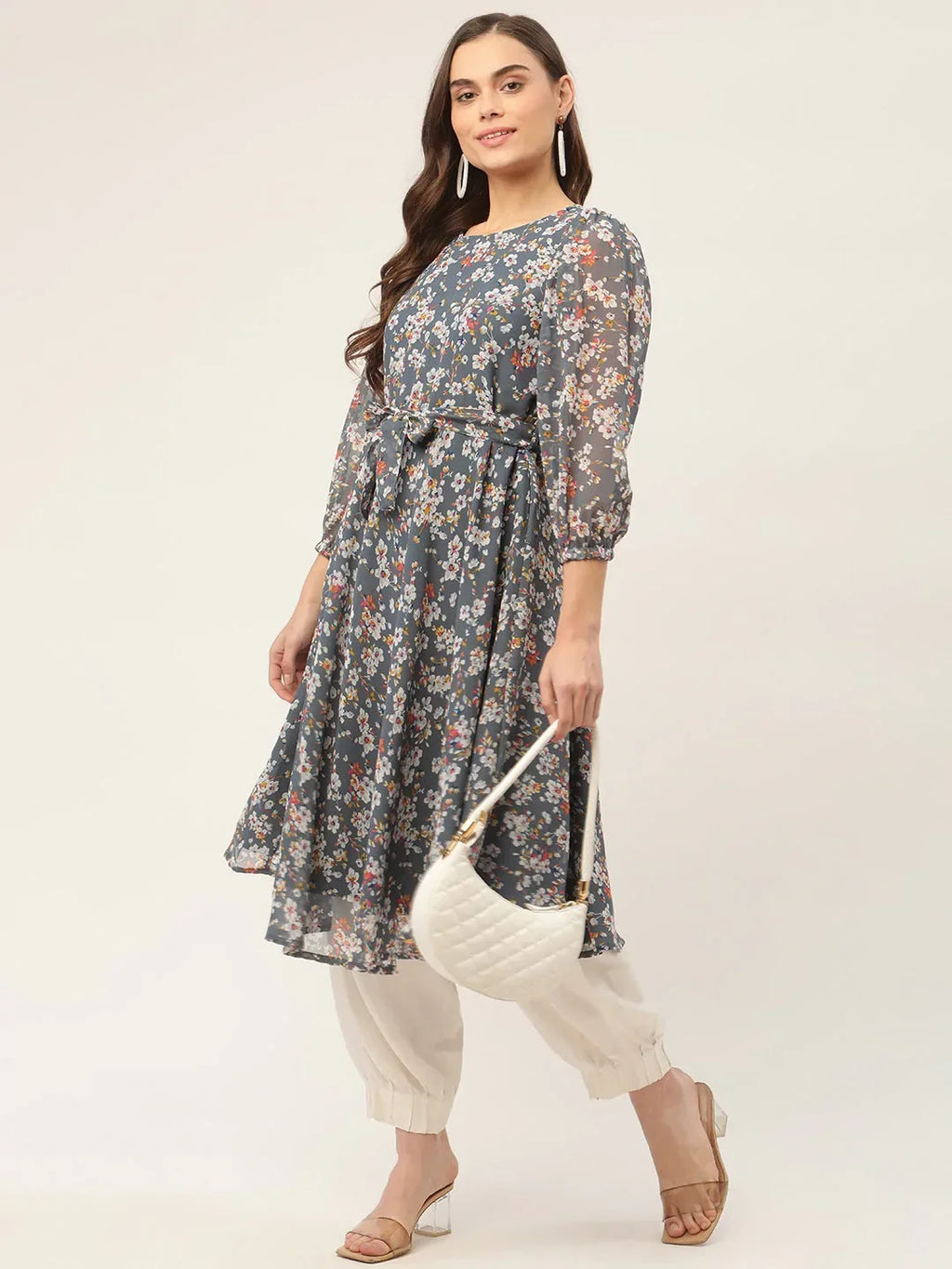 Jompers Women's Grey & White Georgette Floral Printed Kurta | Grocsy