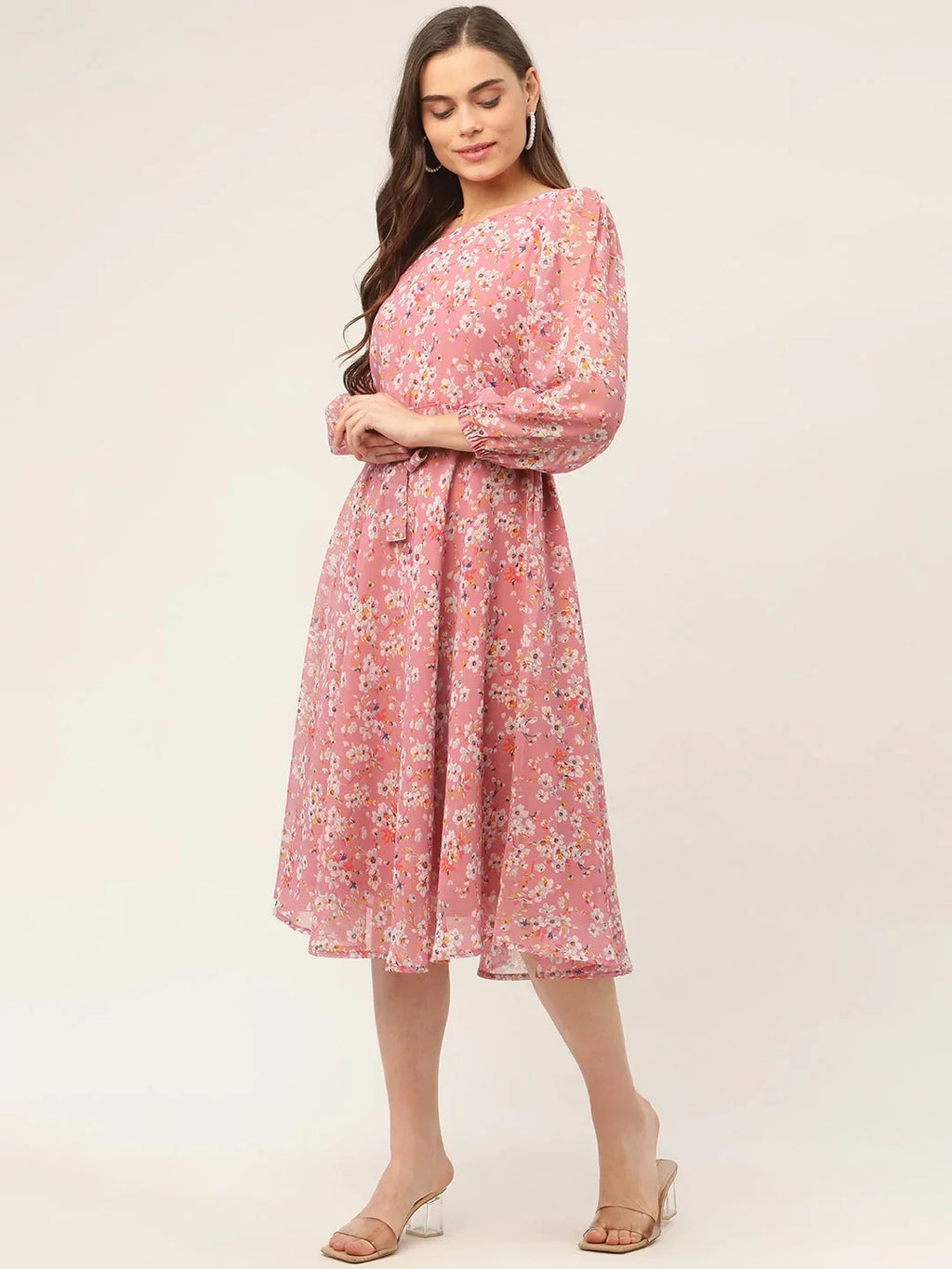 Jompers Women's Pink & White Georgette Floral Printed Kurta | Grocsy