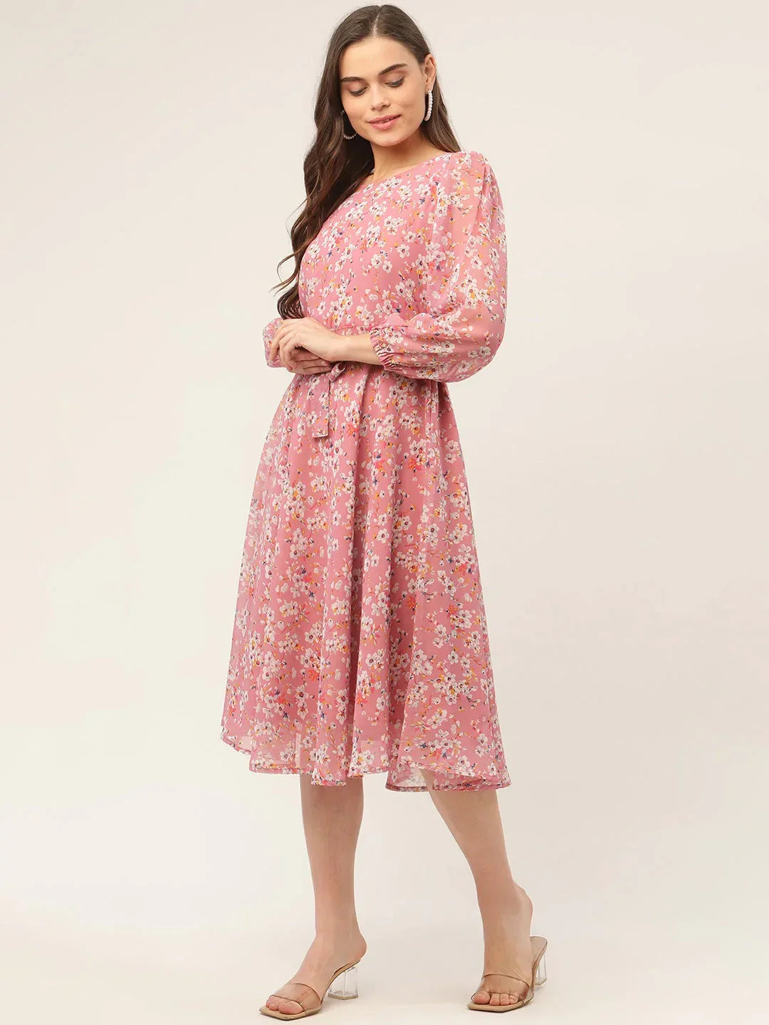 Jompers Women's Pink & White Georgette Floral Printed Kurta | Grocsy
